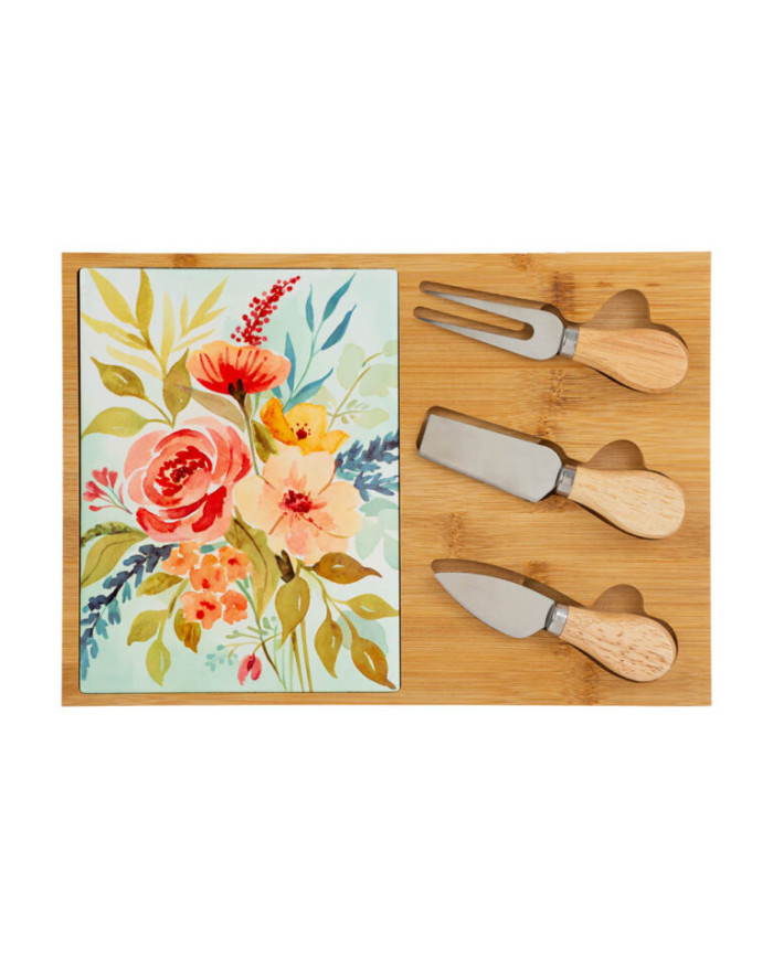 SET 4 PEZZI TAGLIERE LEGNO POSATE FORMAGGIO