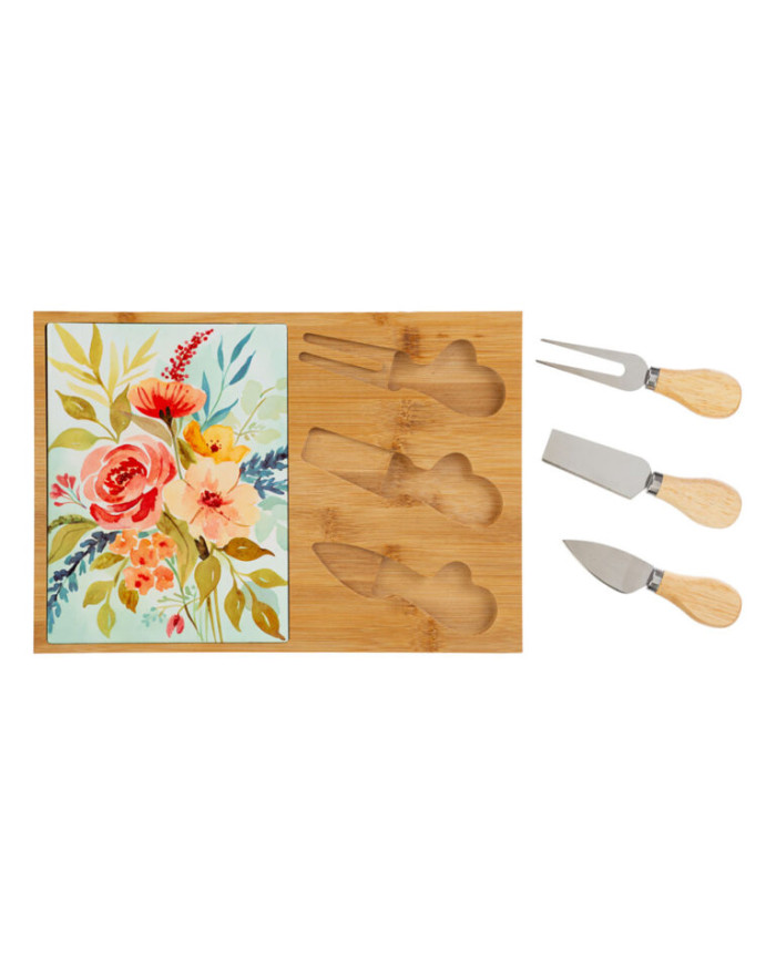 SET 4 PEZZI TAGLIERE LEGNO POSATE FORMAGGIO