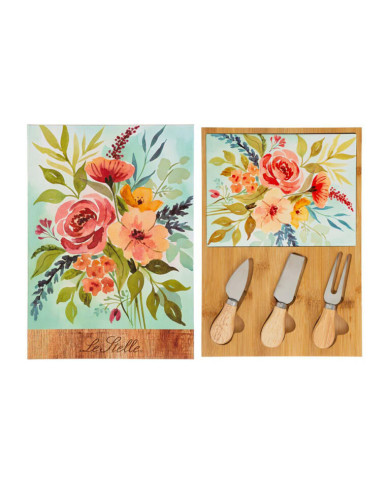 SET 4 PEZZI TAGLIERE LEGNO POSATE FORMAGGIO