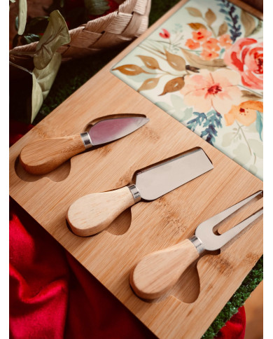SET 4 PEZZI TAGLIERE LEGNO POSATE FORMAGGIO